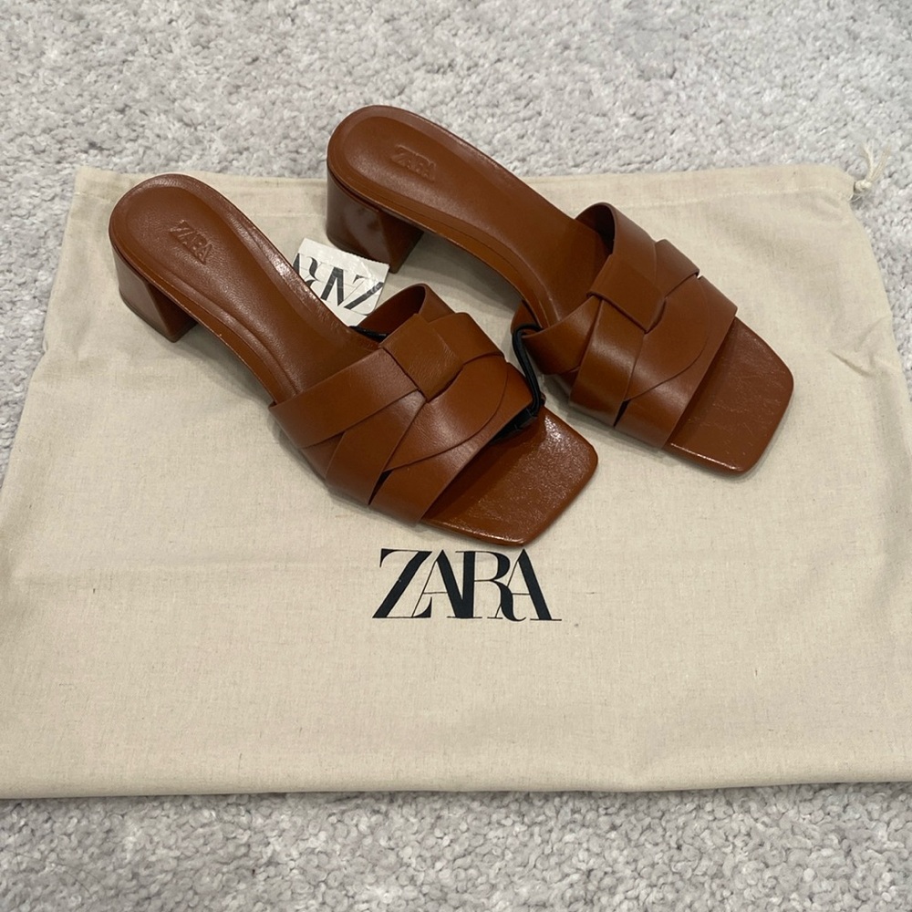 Zara Women's Tan Leather Mules size 7.5 EU 38